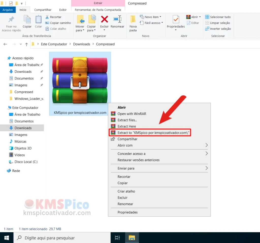 Extraia o arquivo Zip do ativador Kmspico