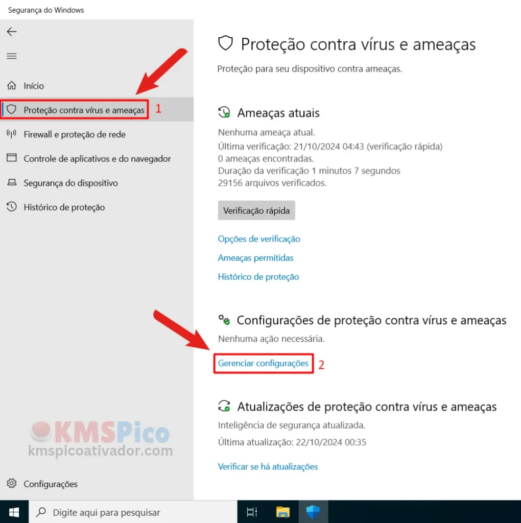 Configurações de proteção contra vírus e ameaças